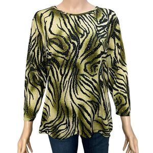Jess And Jane Tiger Print Glitter Tunic Top Large Jersey Knit 3/4 Sleeve Stretch